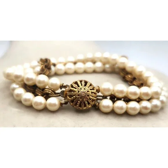 Vintage Victorian Triple Strand Faux Pearl Bracelet, Filigree Slide Clasp - Picture 2 of 3